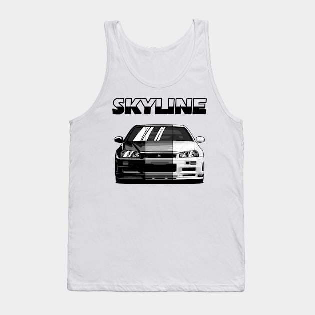 Nissan Skyline r34 GTR White Grey and Black, JDM Car Tank Top by T-JD